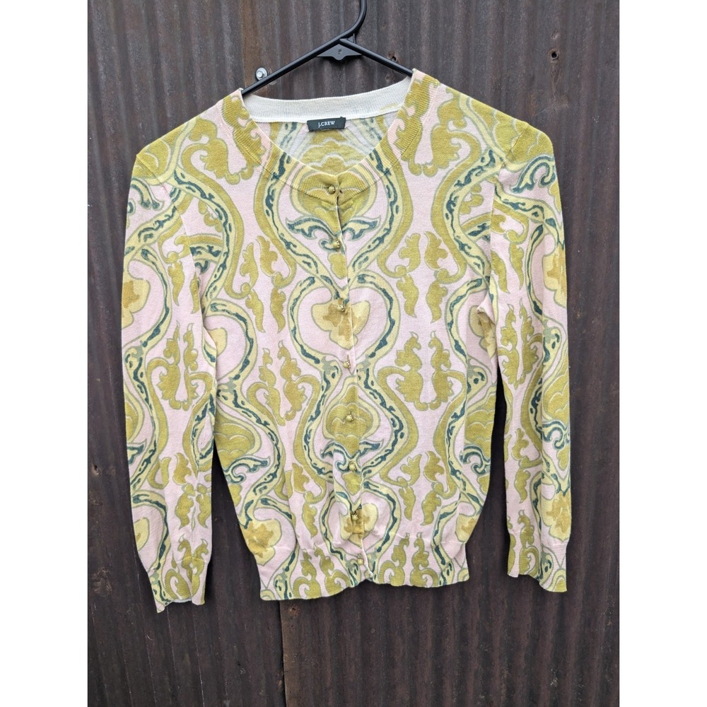 J Crew Paisley Cardigan XS Green Pink Fine Fresno Knit Cotton Sweater Beaded